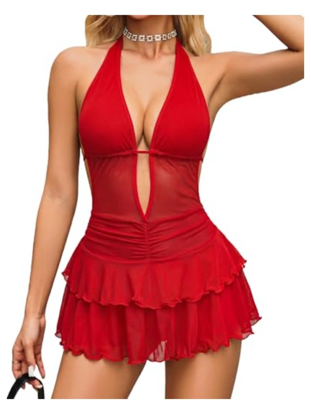 Avidlove Women's Halter Mini Dress Ruffle Skort Deep V Open Back Built-in Shorts
